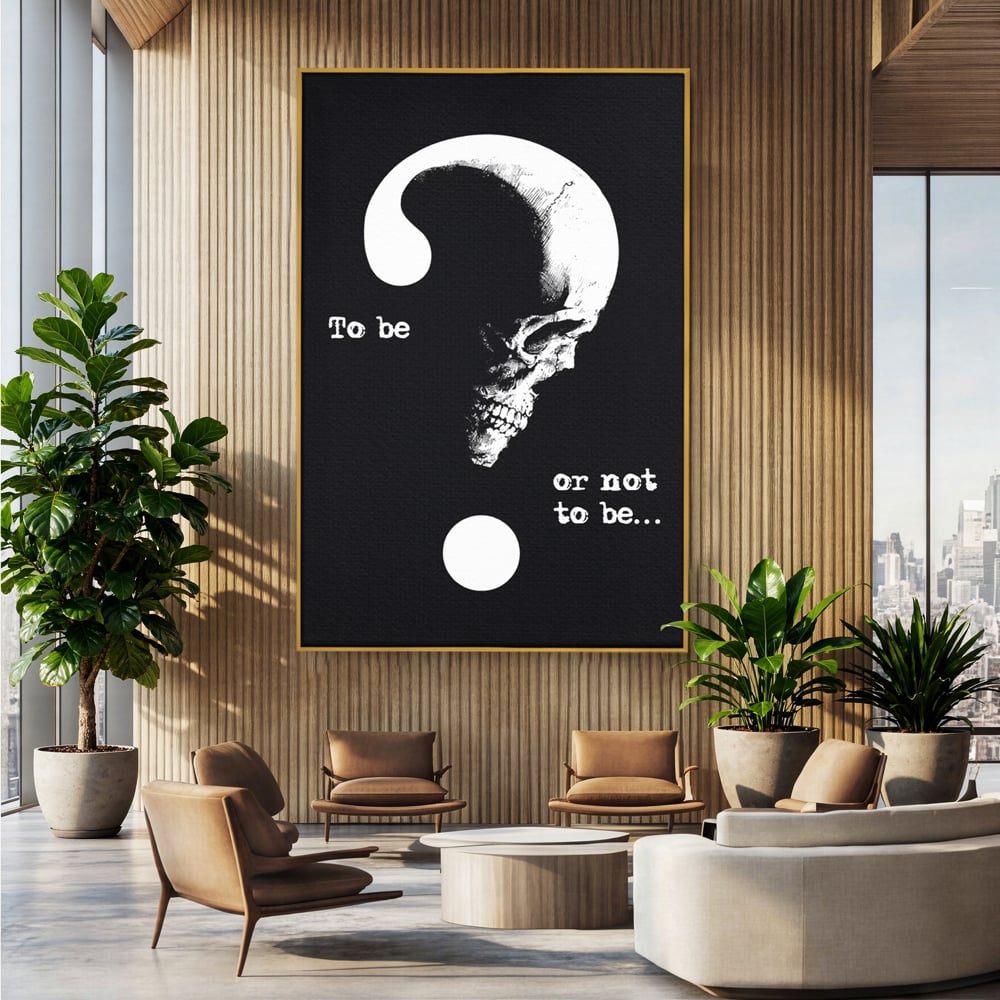 Tablou canvas cu tablou canvas cu craniu si semnul intrebarii, in rama de aluminiu auriu, pe perete intr-un birou